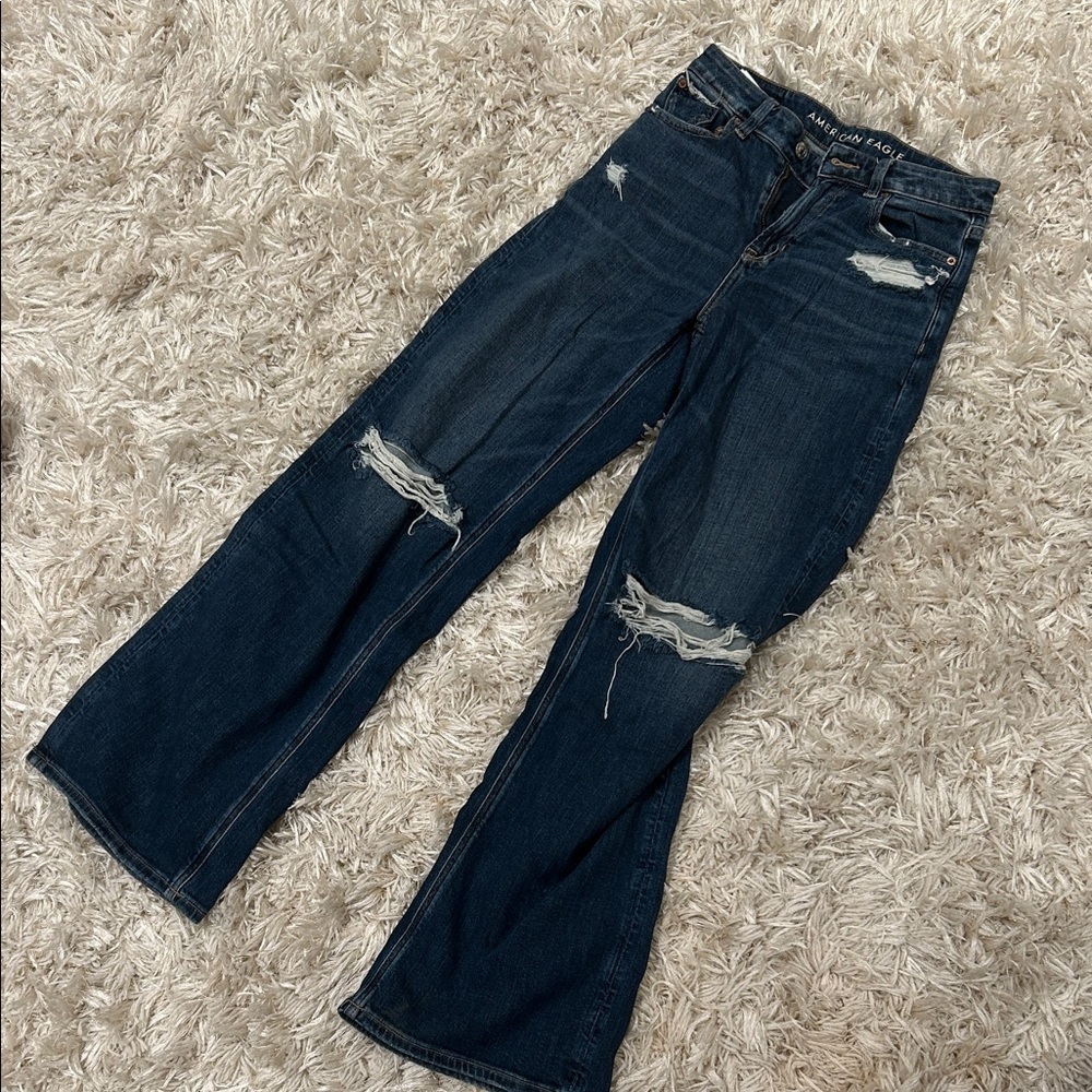 American Eagle Outfitters Dark Blue Distressed Flare Jeans
